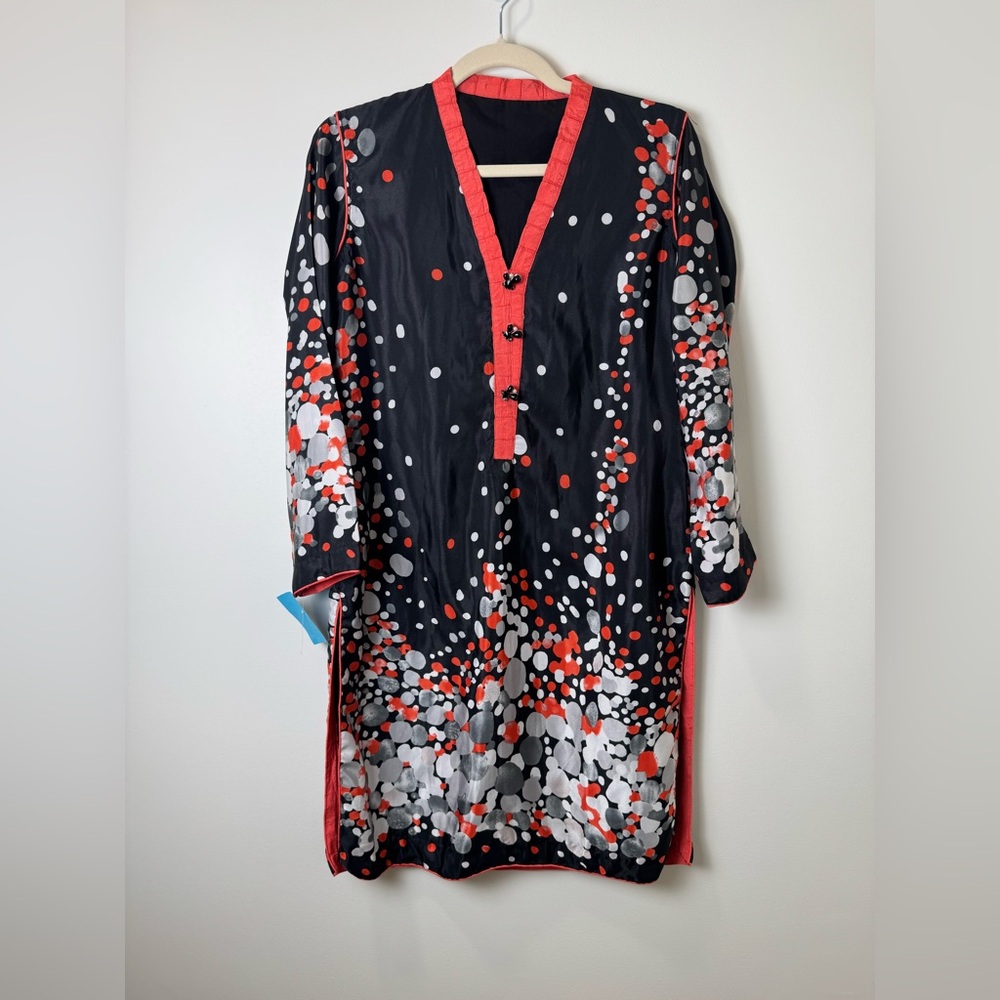 Black Printed Kurta Tunic Red Trim Long Sleeve Size 36 38